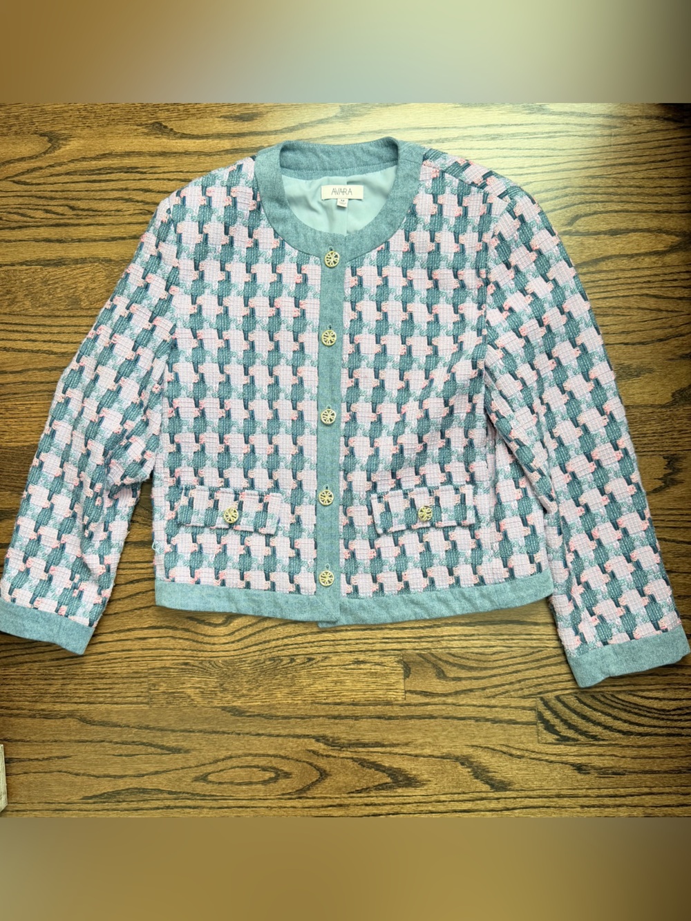 Avara Pink & Light Blue Houndstooth Tweed Jacket - Size Medium